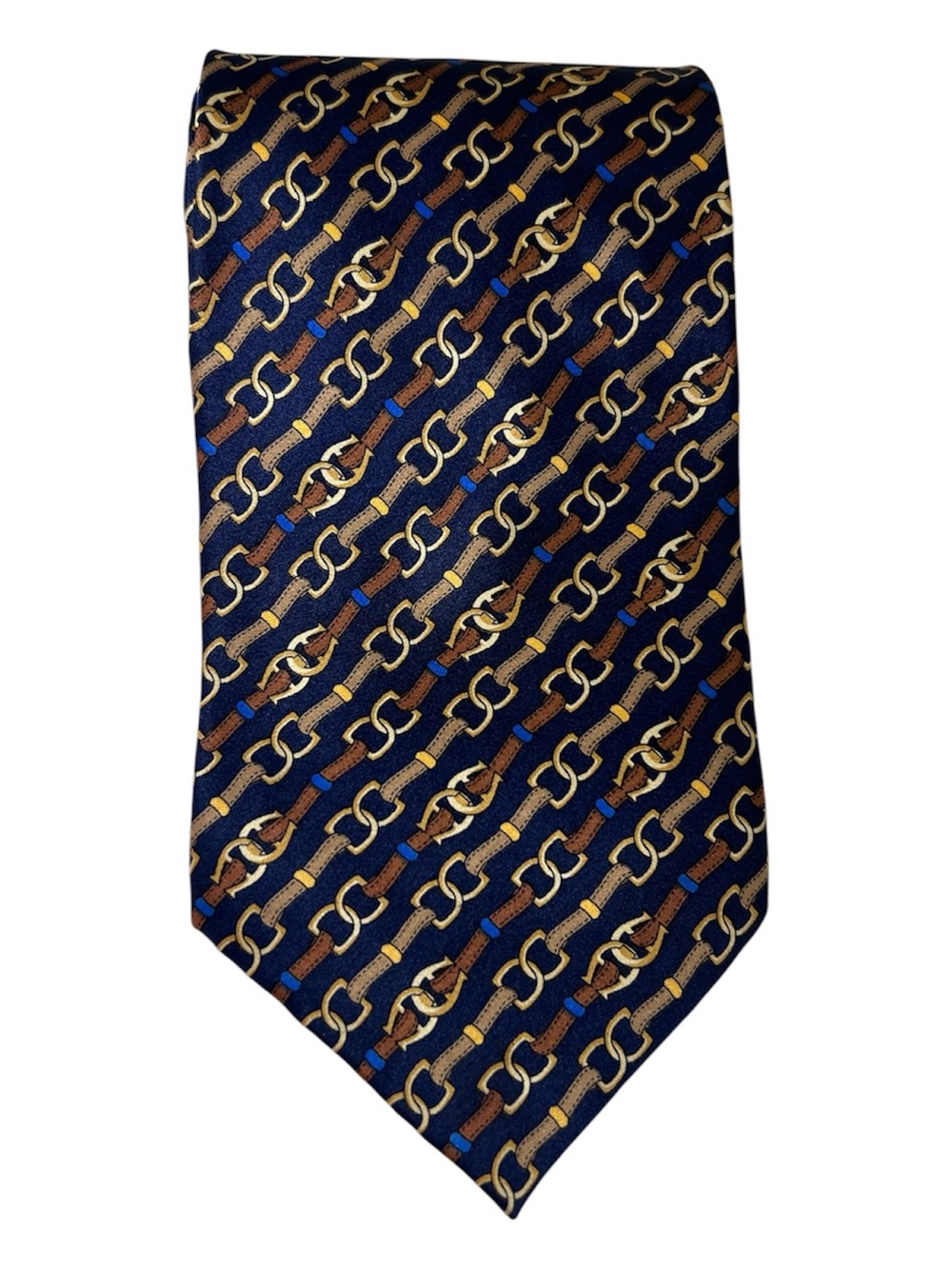 Vintage Etienne Aigner 100% Silk Tie Navy Blue Chain Belt Equestrian 58X3.75”